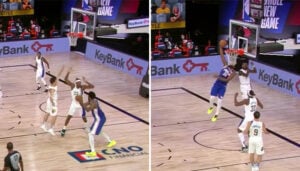 NBA – Joel Embiid enrhume 3 défenseurs pour terminer avec un gros reverse dunk !