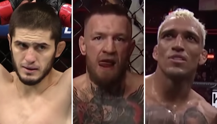 Les combattants UFC Islam Makhachev (gauche), Conor McGregor (centre) et Charles Oliveira (droite)