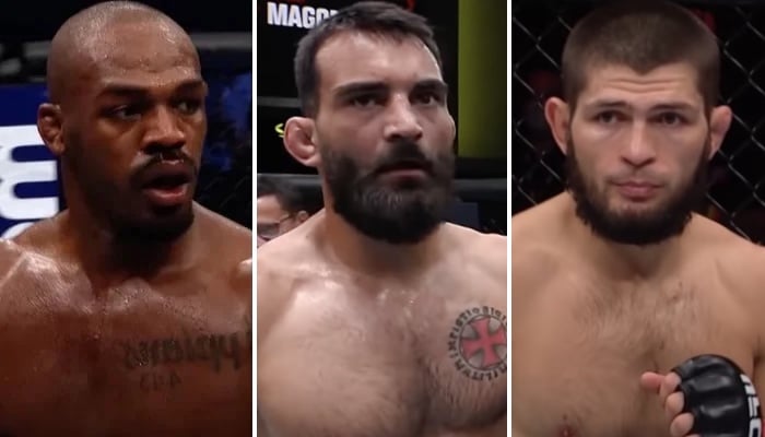 Les combattants UFC Jon Jones (gauche), Benoit Saint-Denis (centre) et Khabib Nurmagomdeov (droite)