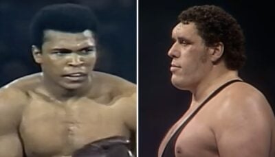 La photo ridicule de Mohamed Ali (1m91) avec le monstre français Andre The Giant (2m25, 240kg)