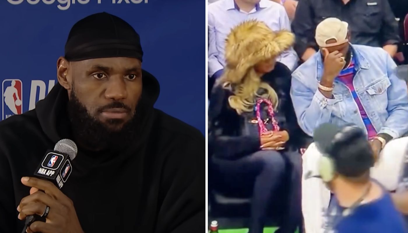 LeBron James and his wife Savannah on the bench during an NBA game