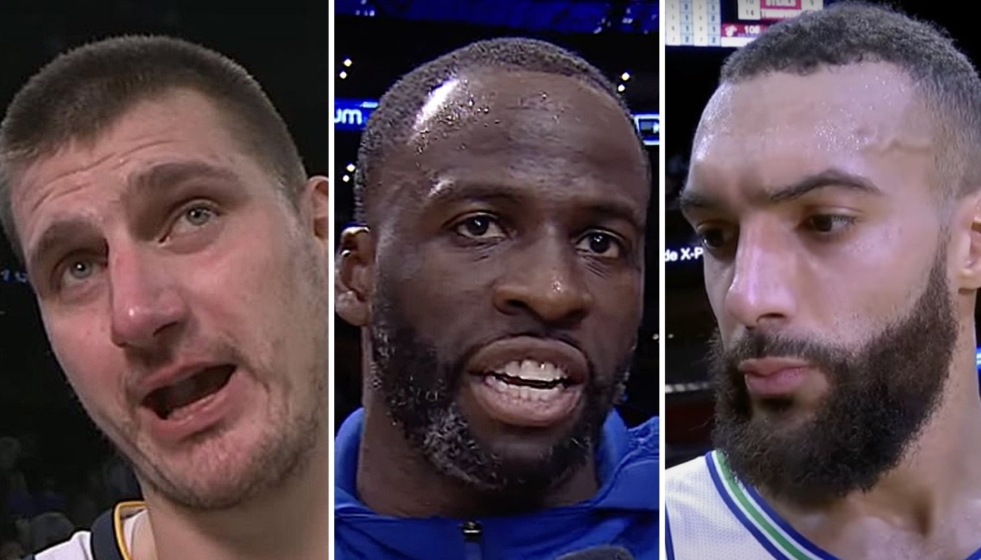 Les stars NBA Nikola Jokic (gauche), Draymond Green (centre) et Rudy Gobert (droite)