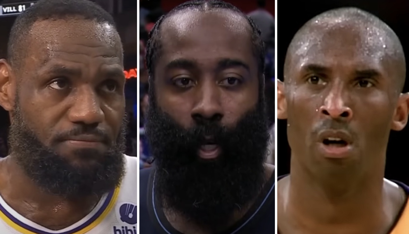 NBA figures LeBron James (left), James Harden (center) and Kobe Bryant (right)