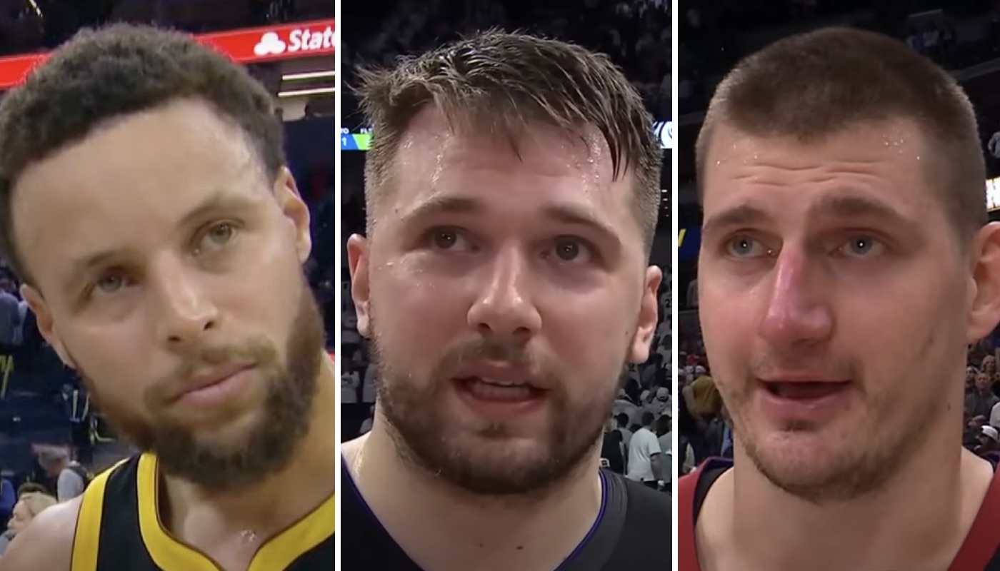 Les stars NBA Stephen Curry (gauche), Luka Doncic (centre) et Nikola Jokic (droite)