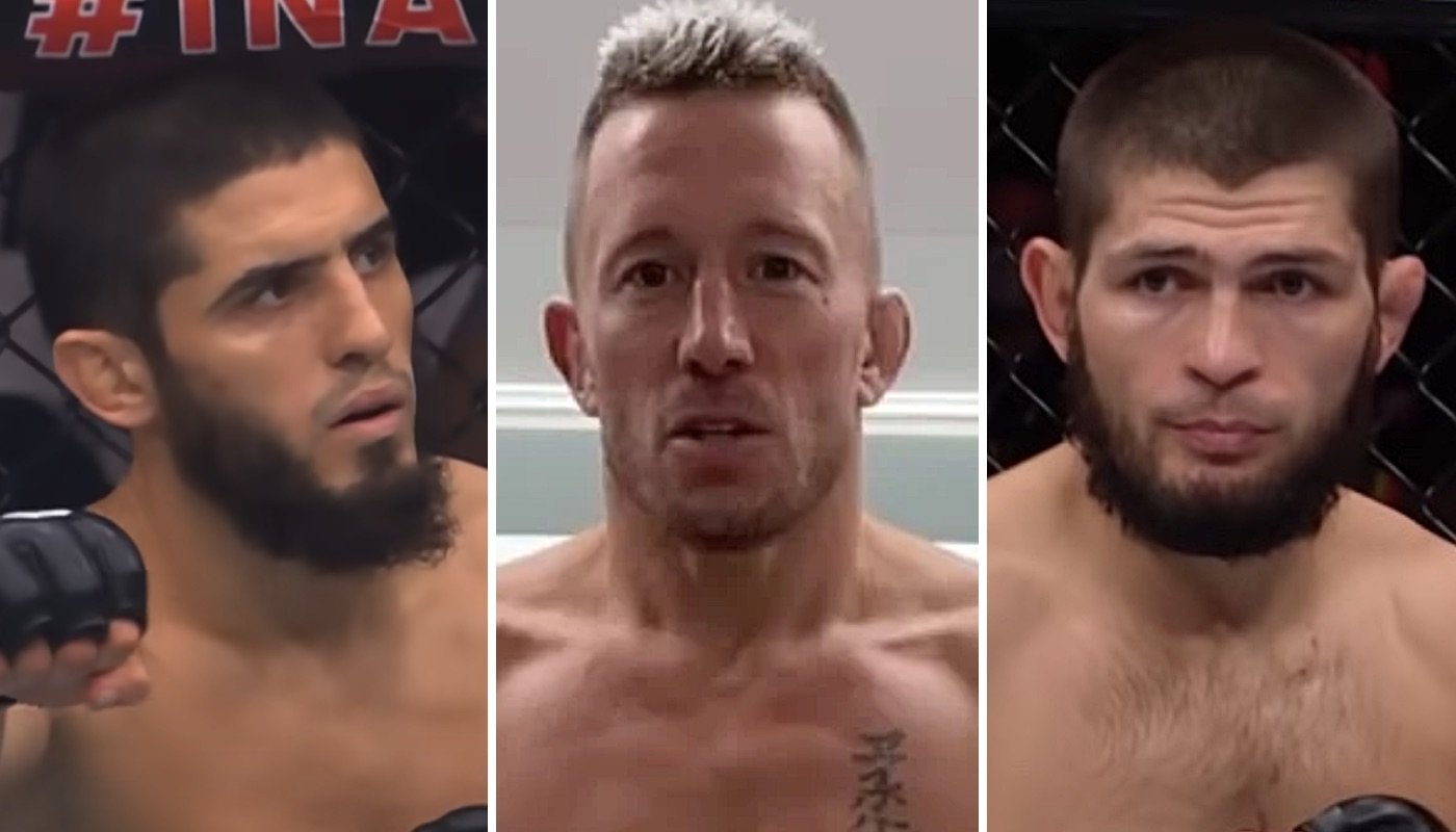 Les stars de l'UFC Islam Makhachev (gauche), Georges Saint-Pierre (centre) et Khabib Nurmagomedov (droite)