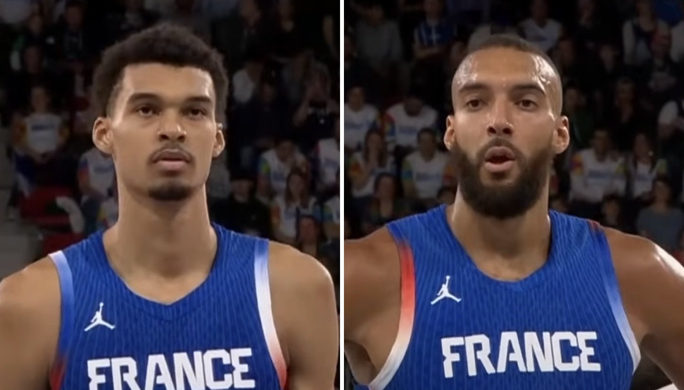 Les intérieurs français Victor Wembanyama (gauche) et Rudy Gobert (droite)