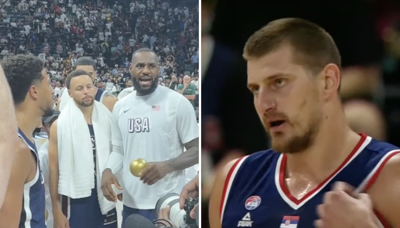 American stars Stephen Curry and LeBron James (left) and Serbian center Nikola Jokic (right)