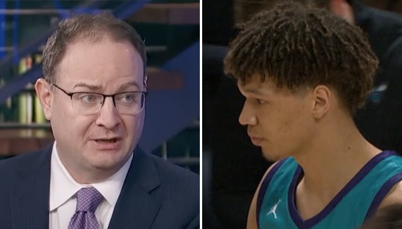 L'insider NBA Adrian Wojnarowski (gauche) et le joueur français des Charlotte Hornets Tidjane Salaün (droite)