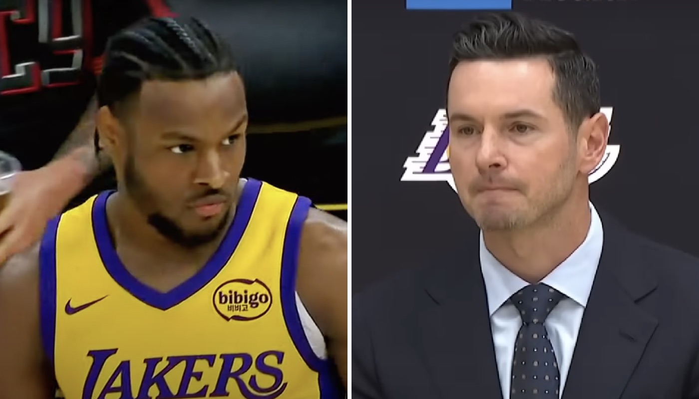 Le joueur NBA des Los Angeles Lakers, Bronny James (gauche) et son entraîneur, JJ Redick (droite)