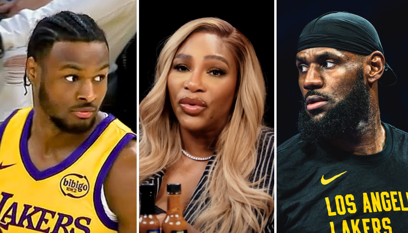 Les joueurs NBA Bronny (gauche) et LeBron James (droite) et la légende du tennis Serena Williams (centre)