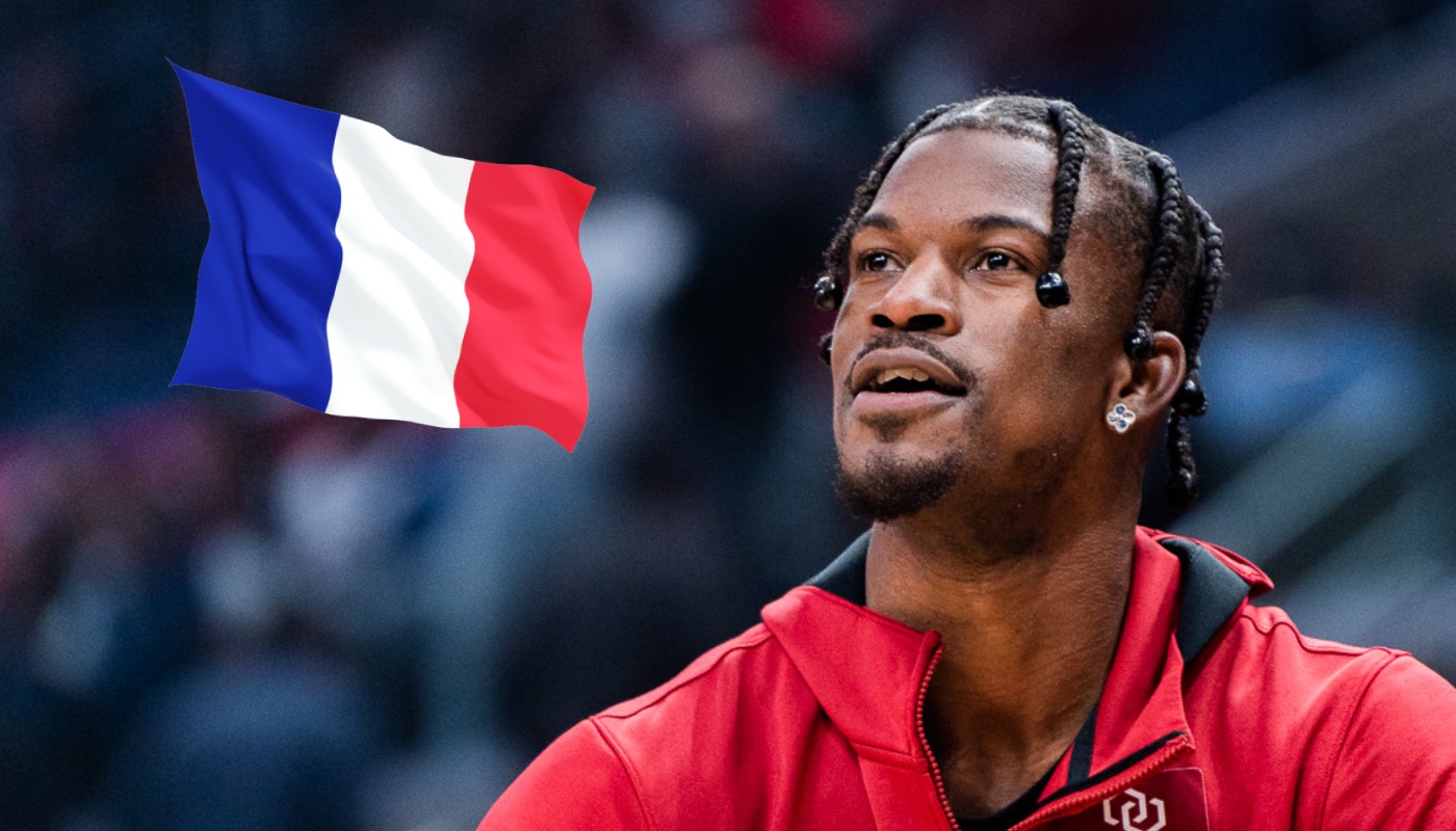 La star NBA du Miami Heat, Jimmy Butler, ici accompagnée du drapeau de la France