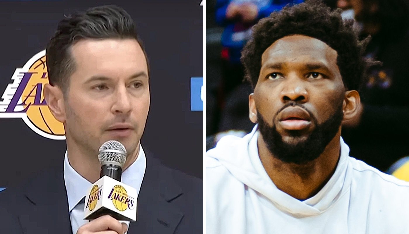 L'entraineur NBA des Los Angeles Lakers, JJ Redick (gauche) et la star des Philadelphia 76ers, Joel Embiid (droite)