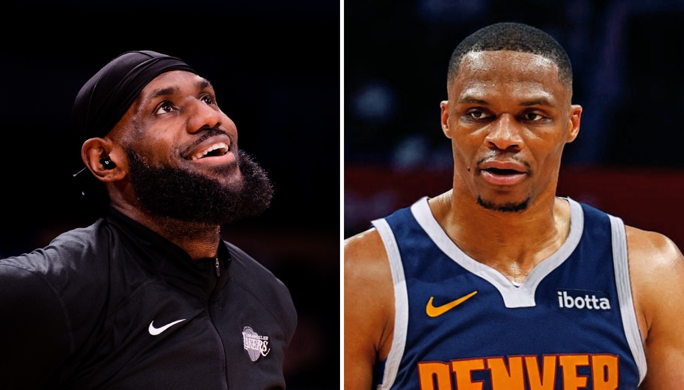 La superstar NBA des Los Angeles Lakers, LeBron James (gauche) et la recrue phare des Denver Nuggets, Russell Westbrook (droite)