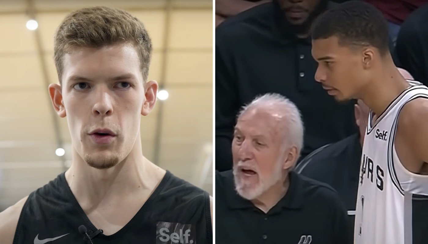 Les membres des San Antonio Spurs Riley Minix (gauche), Gregg Popovich et Victor Wembanyama (droite)