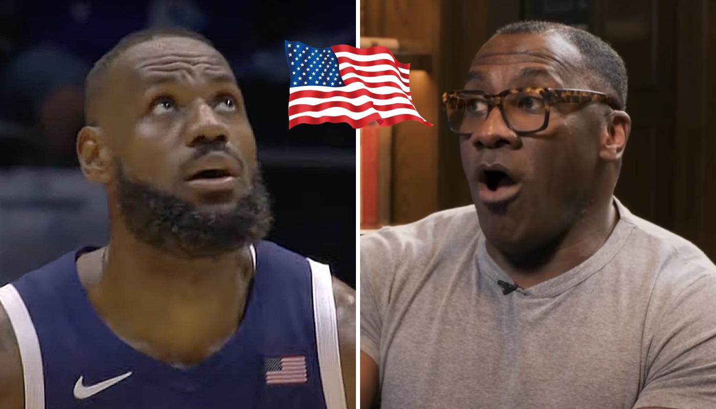 NBA legend LeBron James (left) and former NFL star Shannon Sharpe (right) stand with the American flag