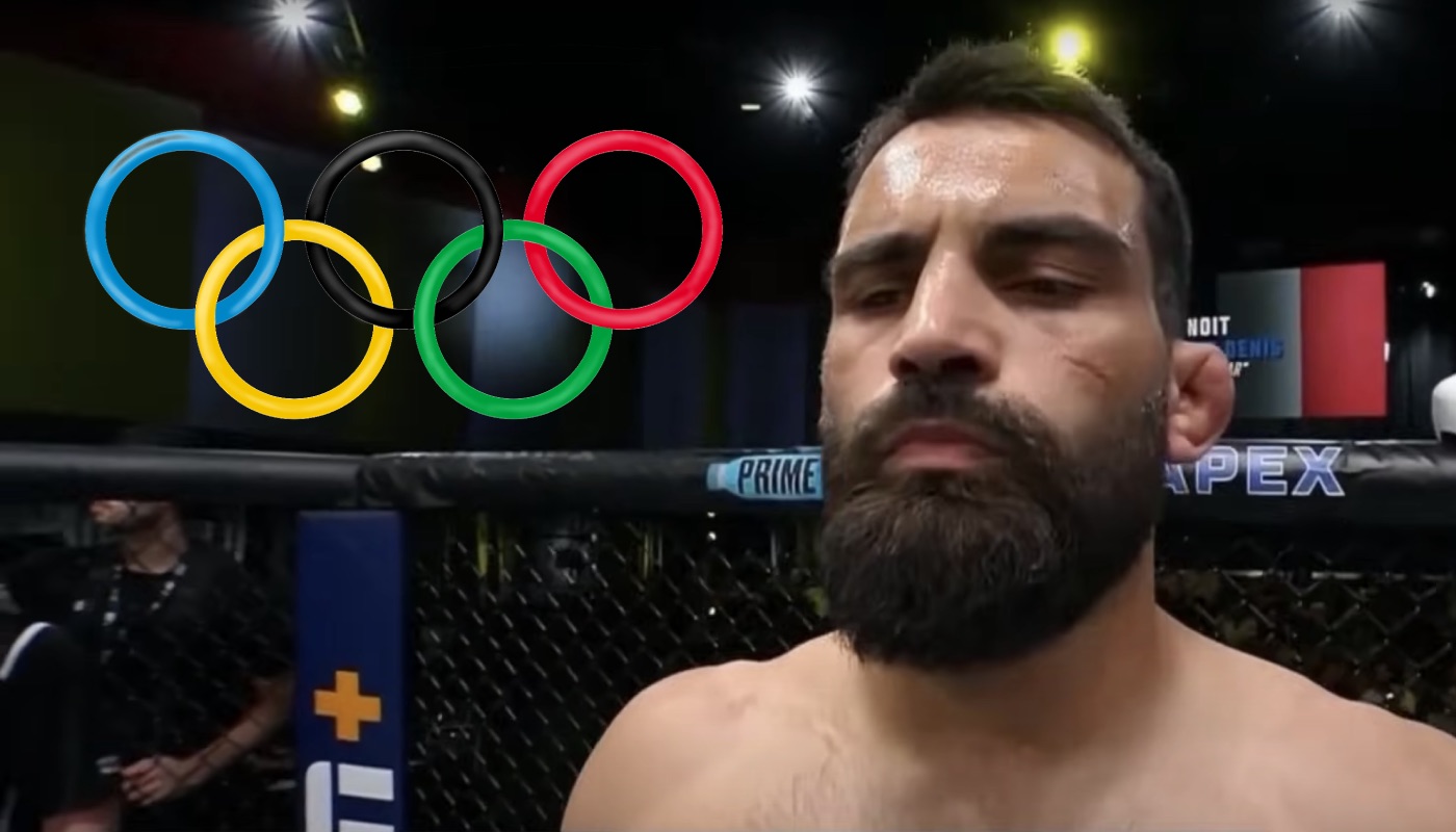 Le combattant UFC français Benoît Saint-Denis, accompagné du logo des Jeux Olympiques