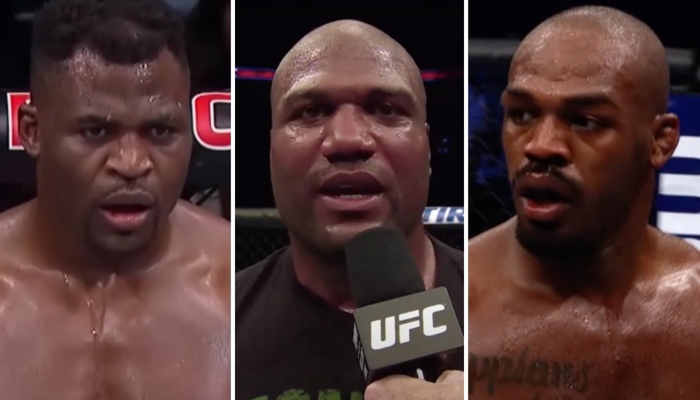 Les légendes de l'UFC Francis Ngannou (gauche), Quinton Jackson (centre) et Jon Jones (droite)