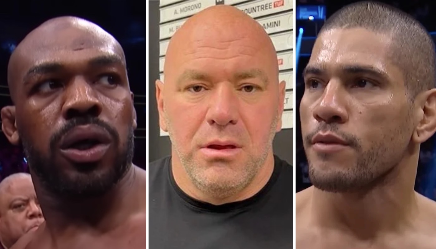 Les figures de l'UFC Jon Jones (gauche), Dana White (centre) et Alex Pereira (droite)