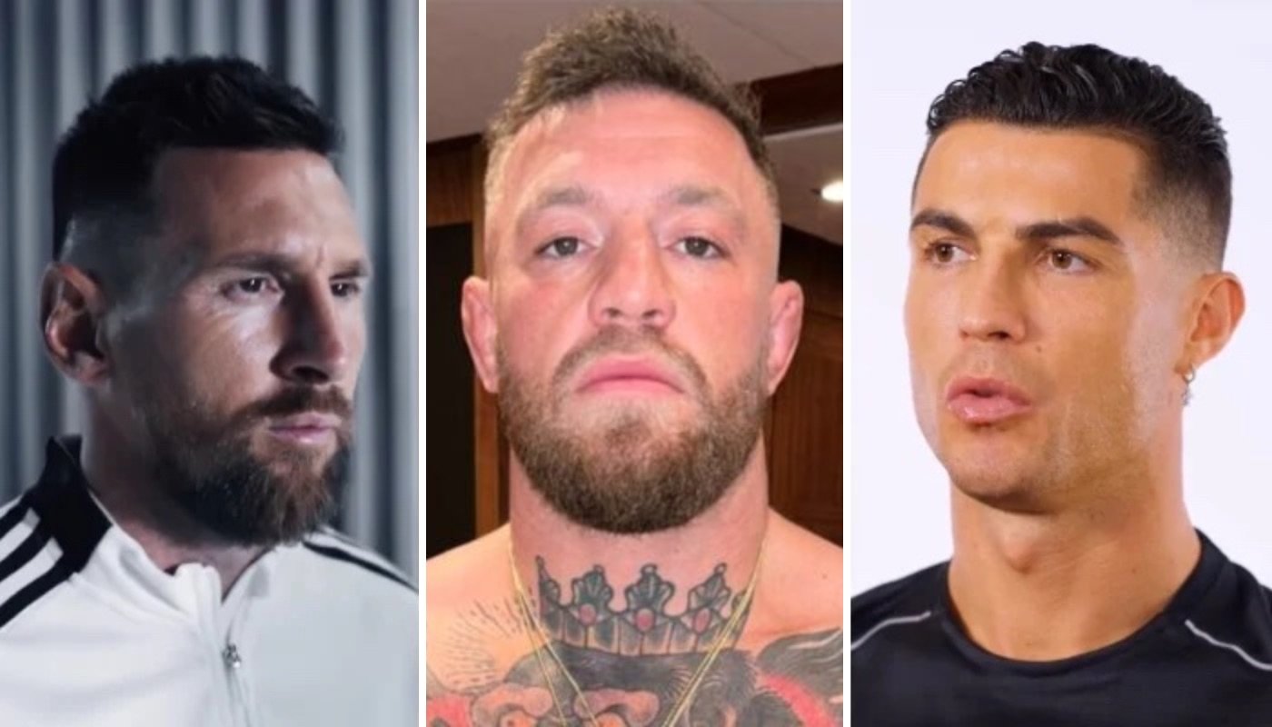 Les stars du football Lionel Messi (gauche) et Cristiano Ronaldo (droite) ainsi que la légende UFC Conor McGregor (centre)