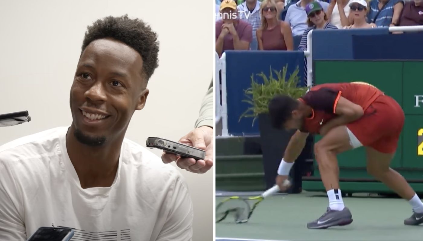 Carlos Alcaraz en colère et Gael Monfils, tennisman français, tout sourire