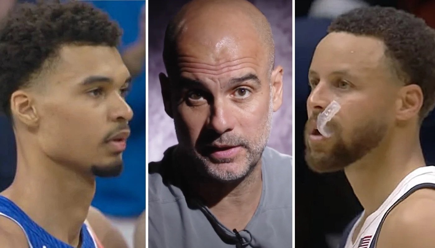 Manchester City manager Pep Guardiola (centre) reacts to the Olympic basketball tournament final between Victor Wembanyama's France (left) and Stephen Curry's USA (right)