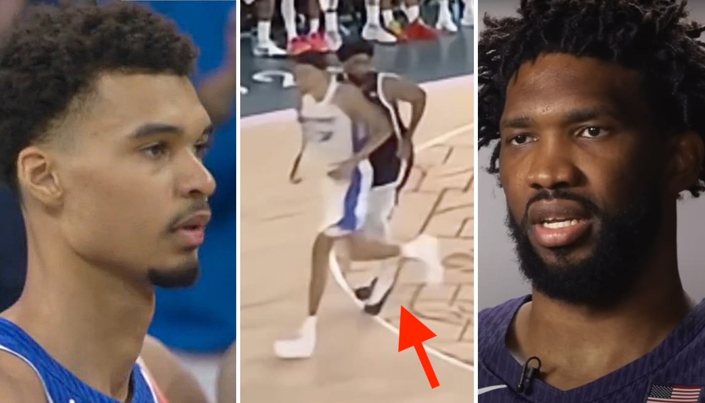 Le pivot star de Team USA, Joel Embiid (droite), est accusé d'avoir réalisé un vilain geste sur Victor Wembanyama (gauche) en finale des Jeux Olympiques de Paris