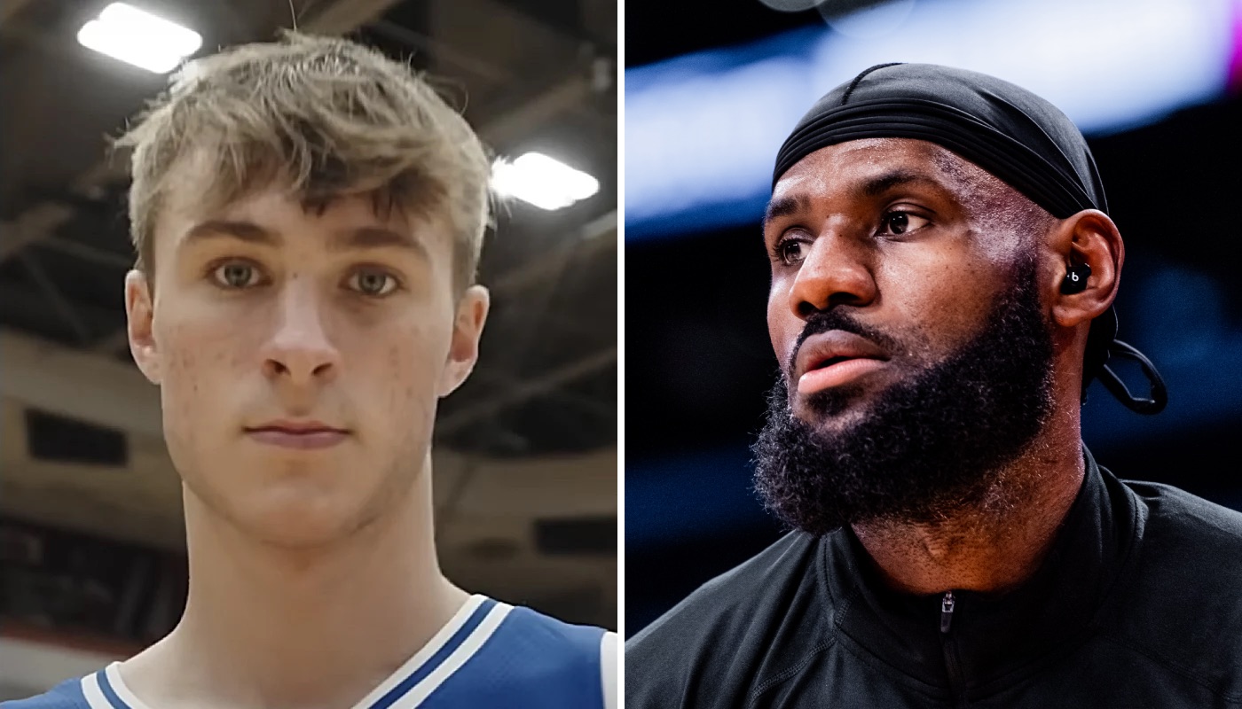 NBA prospect Cooper Flagg (left) and Los Angeles Lakers star LeBron James (right)