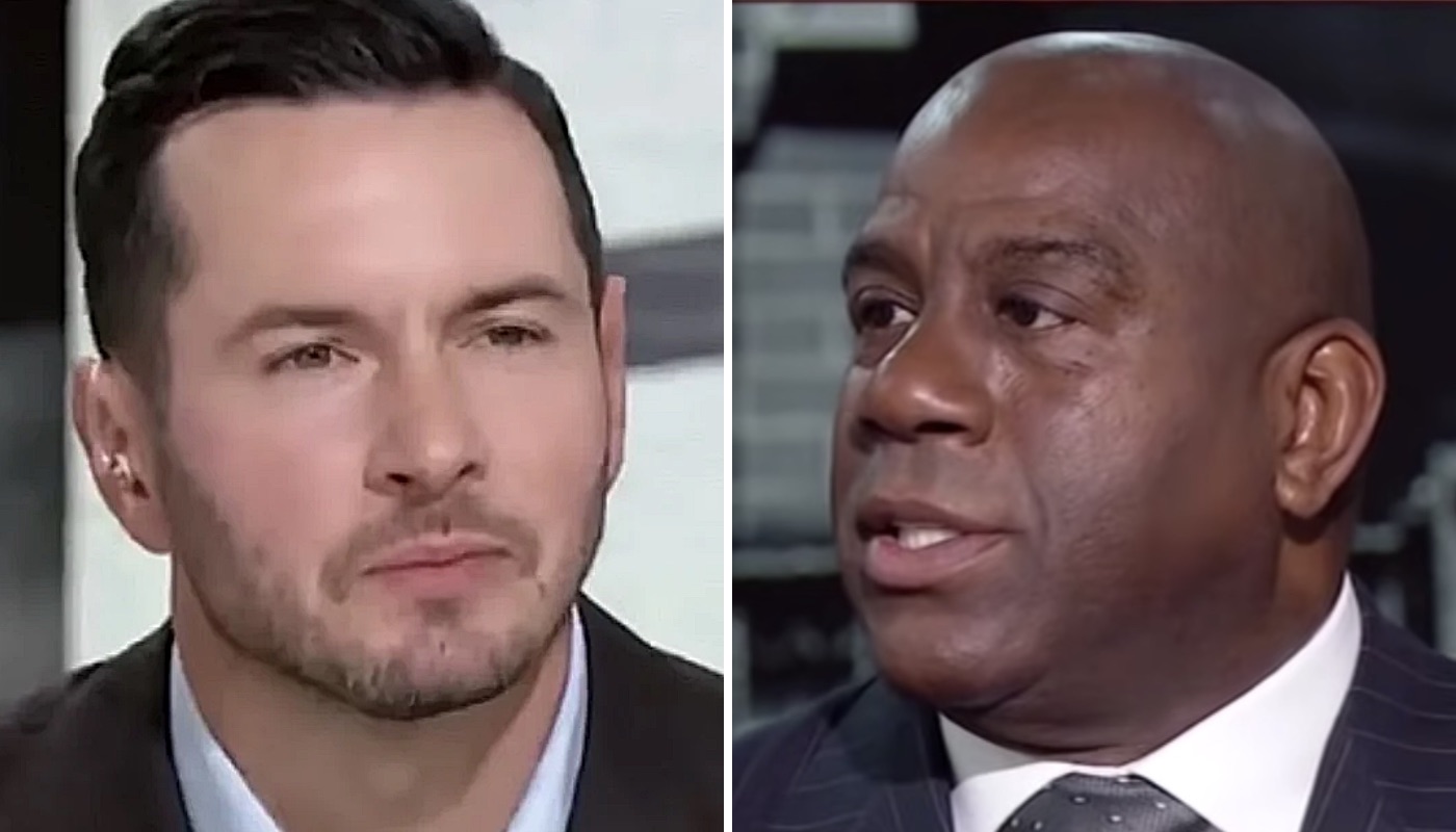 L'entraîneur NBA des Los Angeles Lakers, JJ Redick (gauche) et la légende de la franchise Magic Johnson (droite)