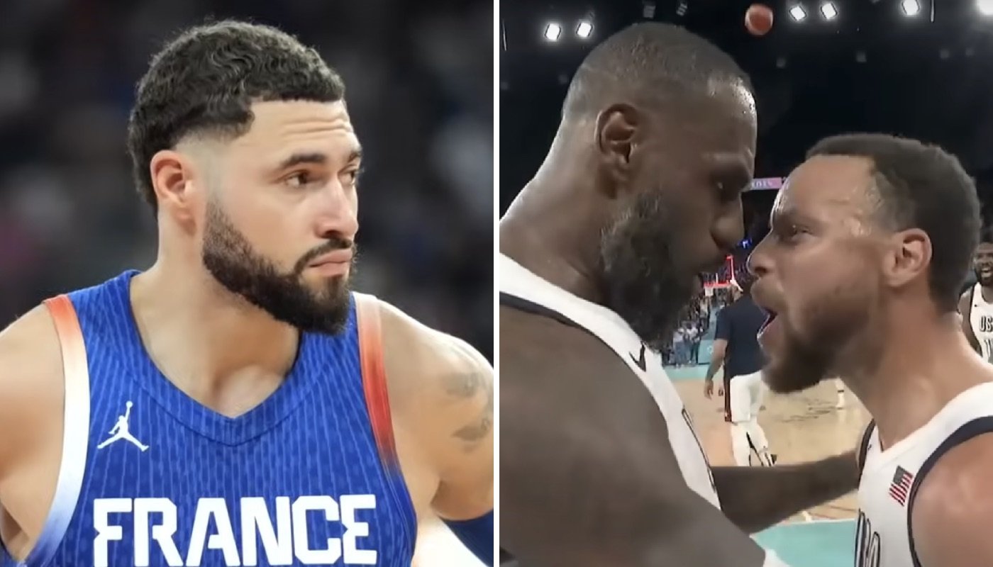 Le joueur français Isaïa Cordinier (gauche) et les stars américaines LeBron James et Stephen Curry (droite)