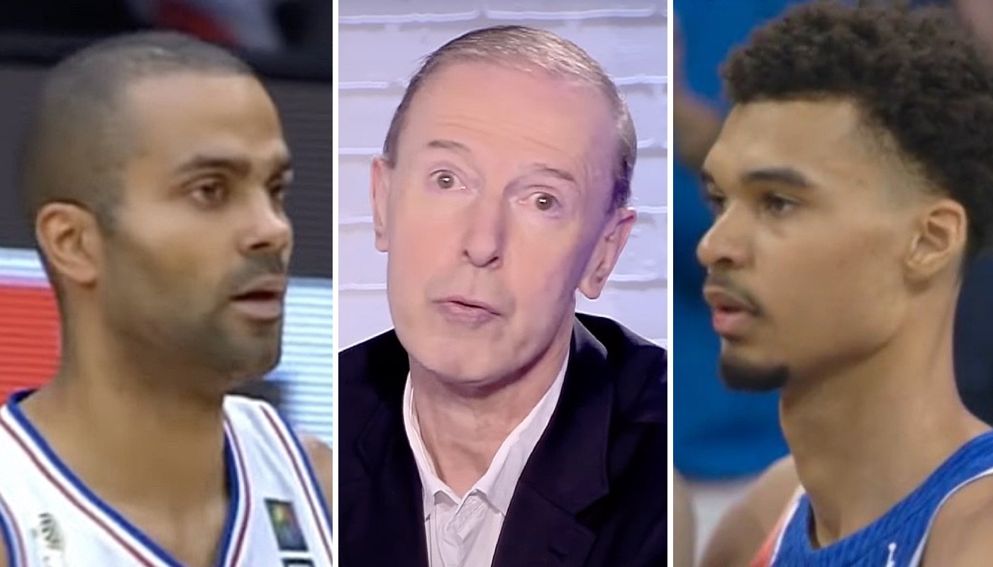 Les figures de l'équipe de France de basket, Tony Parker (gauche), Vincent Collet (centre) et Victor Wembanyama (droite)