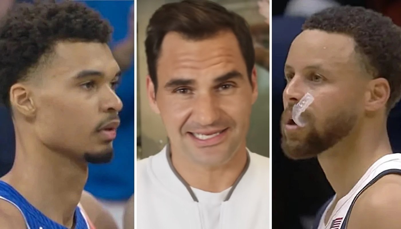 L'intérieur de l'équipe de France de basket, Victor Wembanyama (gauche), la légende du tennis Roger Federer (centre) et le meneur de Team USA, Stephen Curry (droite)