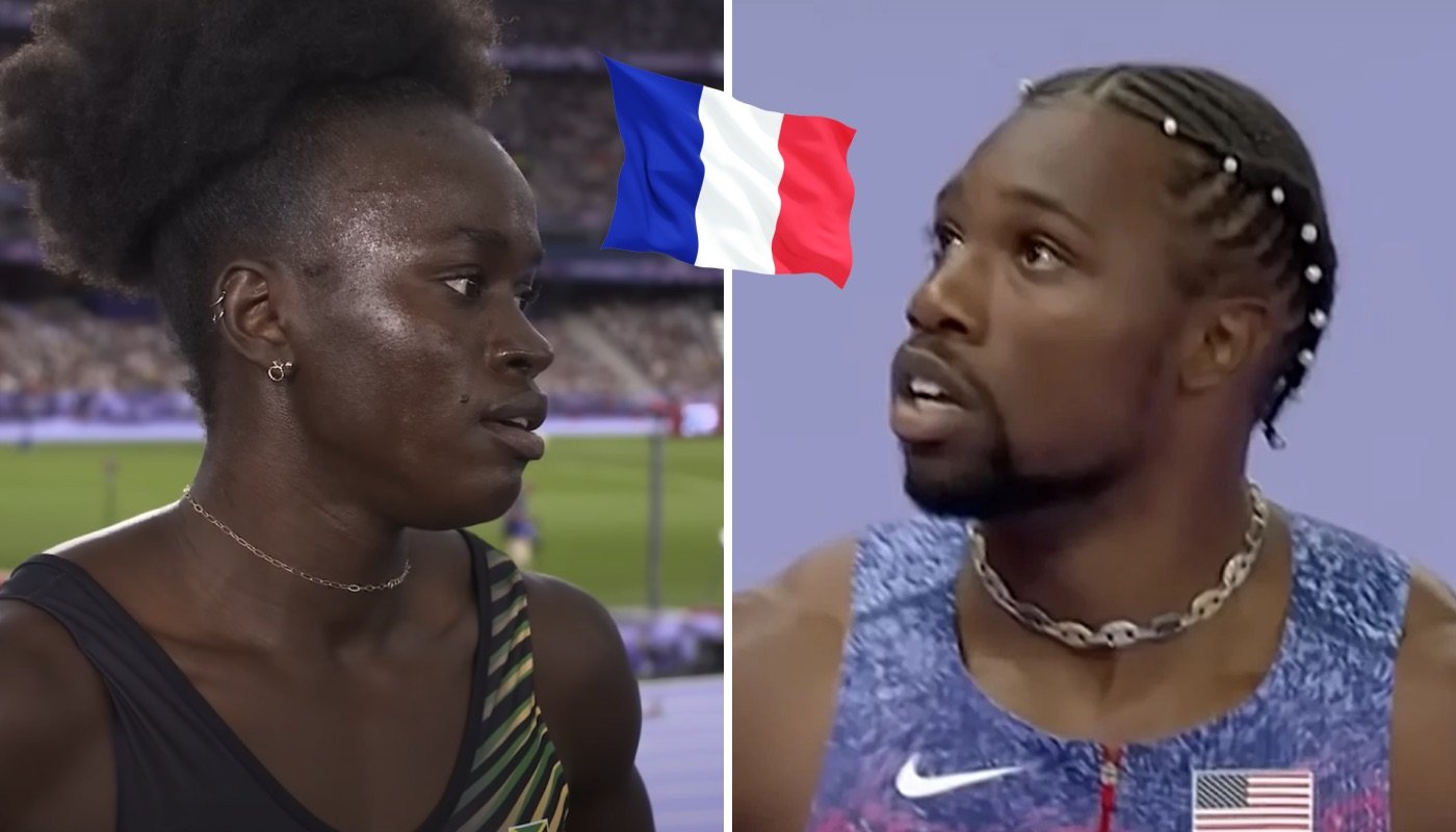 Les athlètes Junelle Bromfield (gauche) et Noah Lyles (droite), accompagnés ici du drapeau français