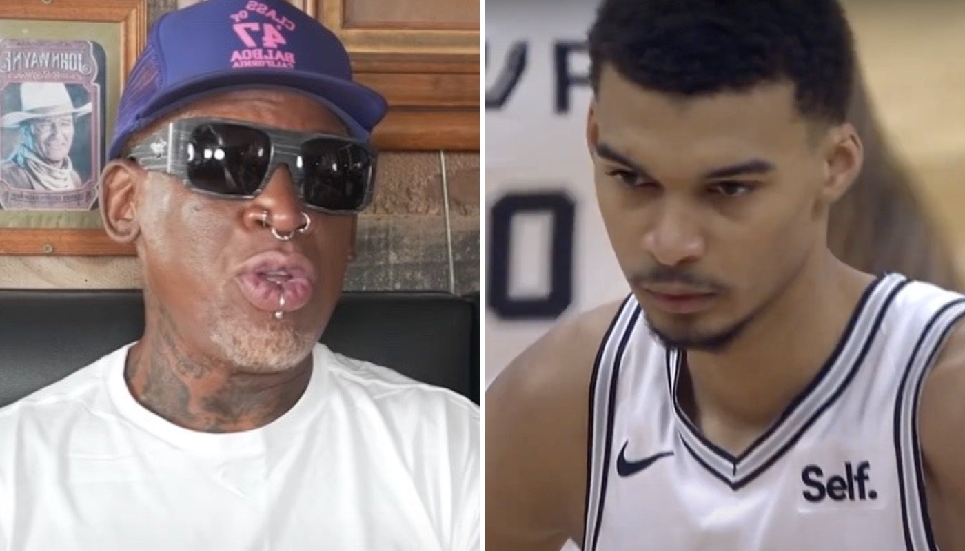 La légende NBA Dennis Rodman (gauche) et le jeune joueur français des San Antonio Spurs, Victor Wembanyama (droite)