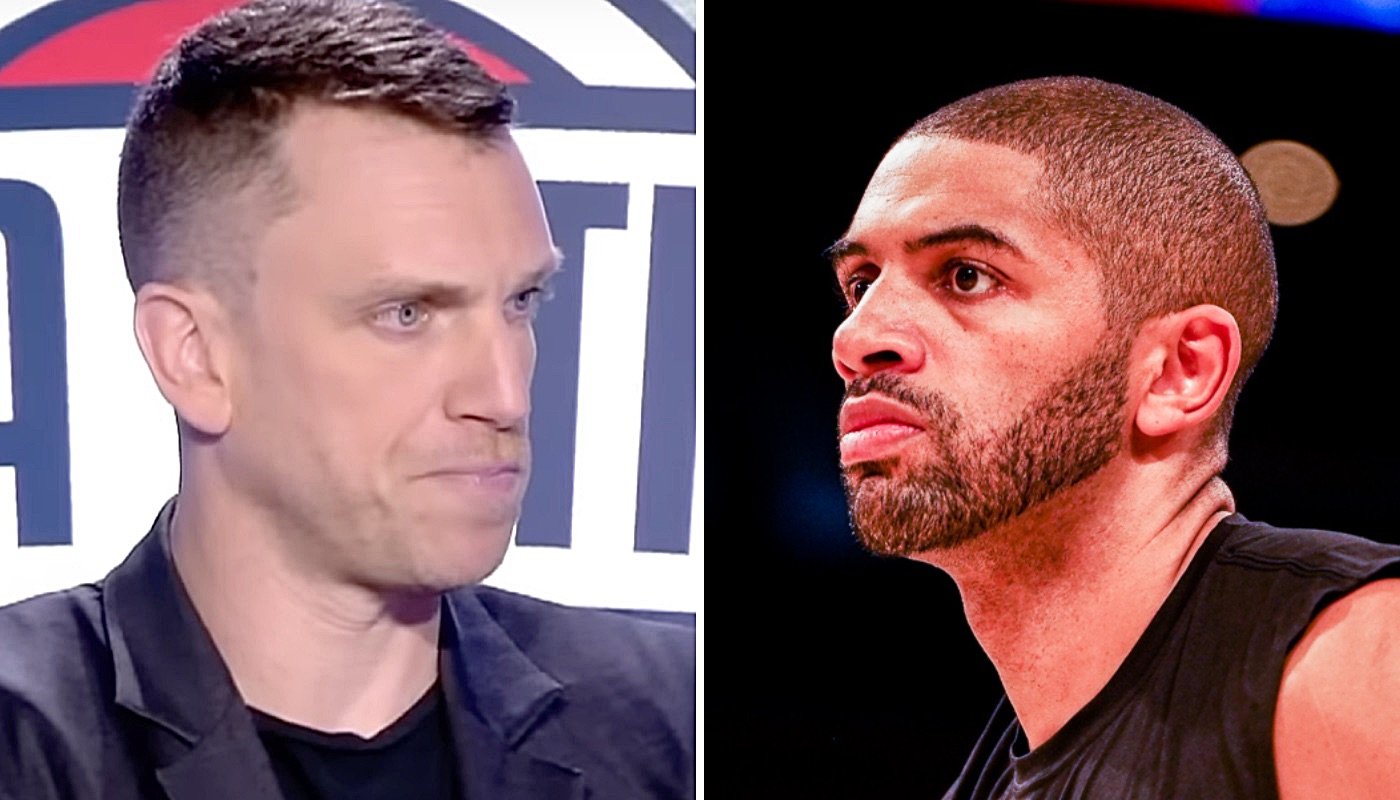 Le journaliste Rémi Reverchon (gauche) et le joueur français Nicolas Batum (droite)