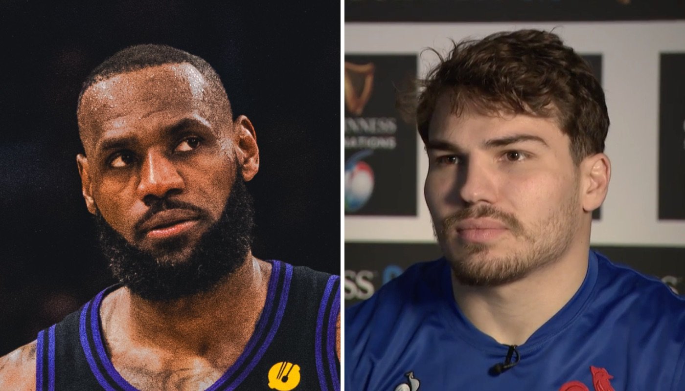 La superstar NBA LeBron James (gauche) et le rugbyman français Antoine Dupont (droite)