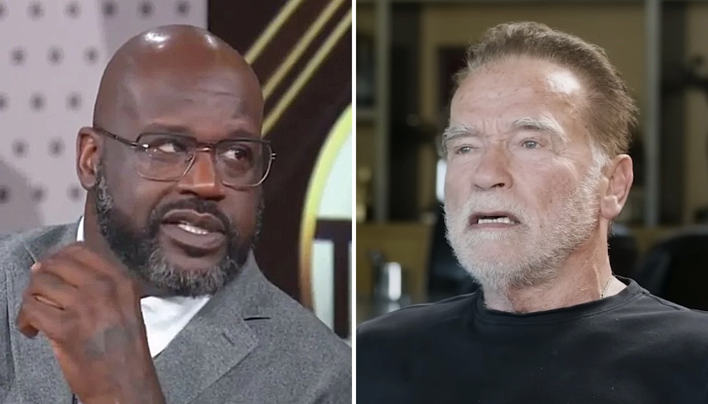 La légende NBA Shaquille O'Neal (gauche) et le mythique culturiste et acteur Arnold Schwarzenegger (droite)