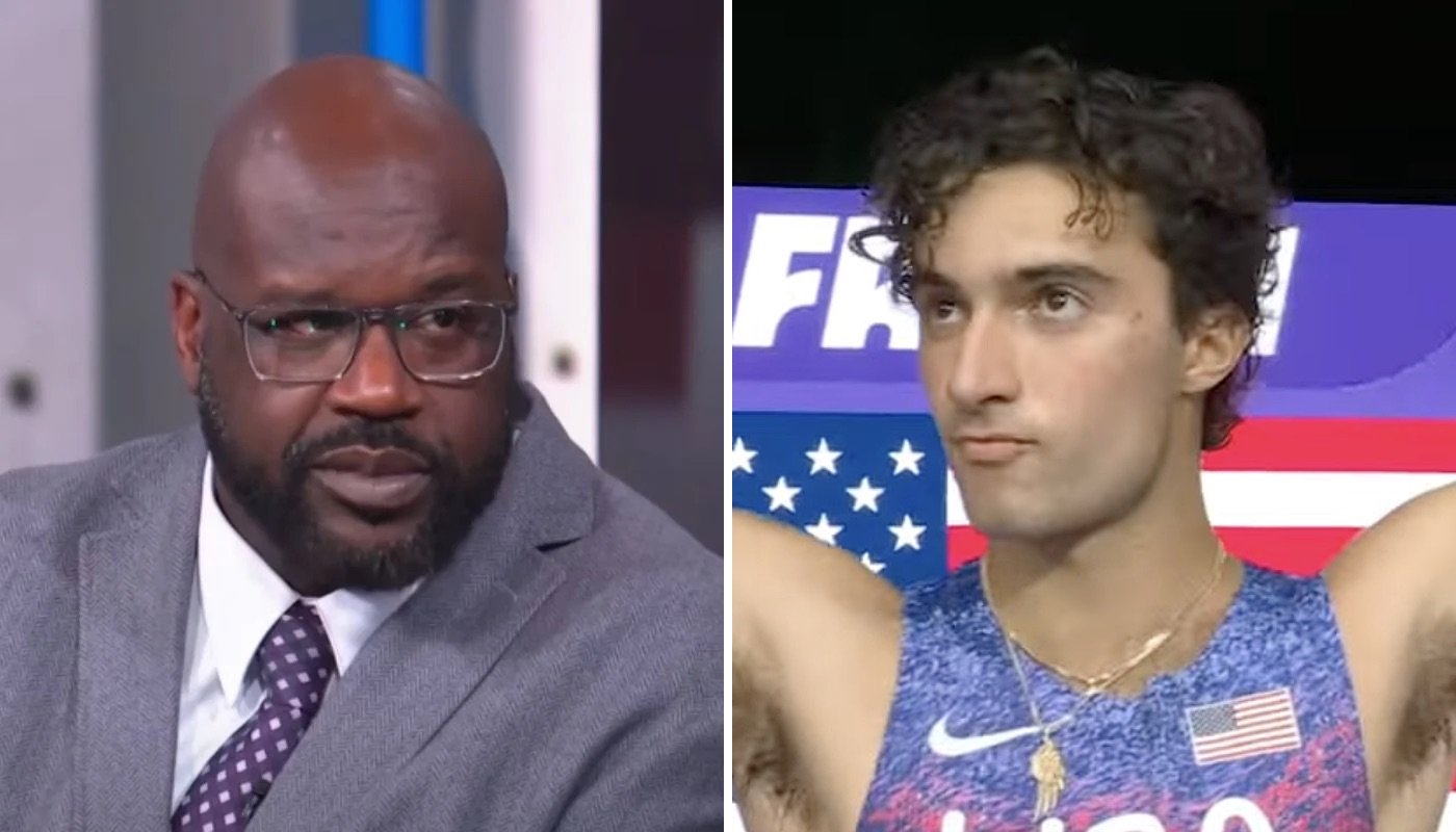 La légende NBA Shaquille O'Neal (gauche) et l'athlète paralympique américain Ezra Frech (droite)