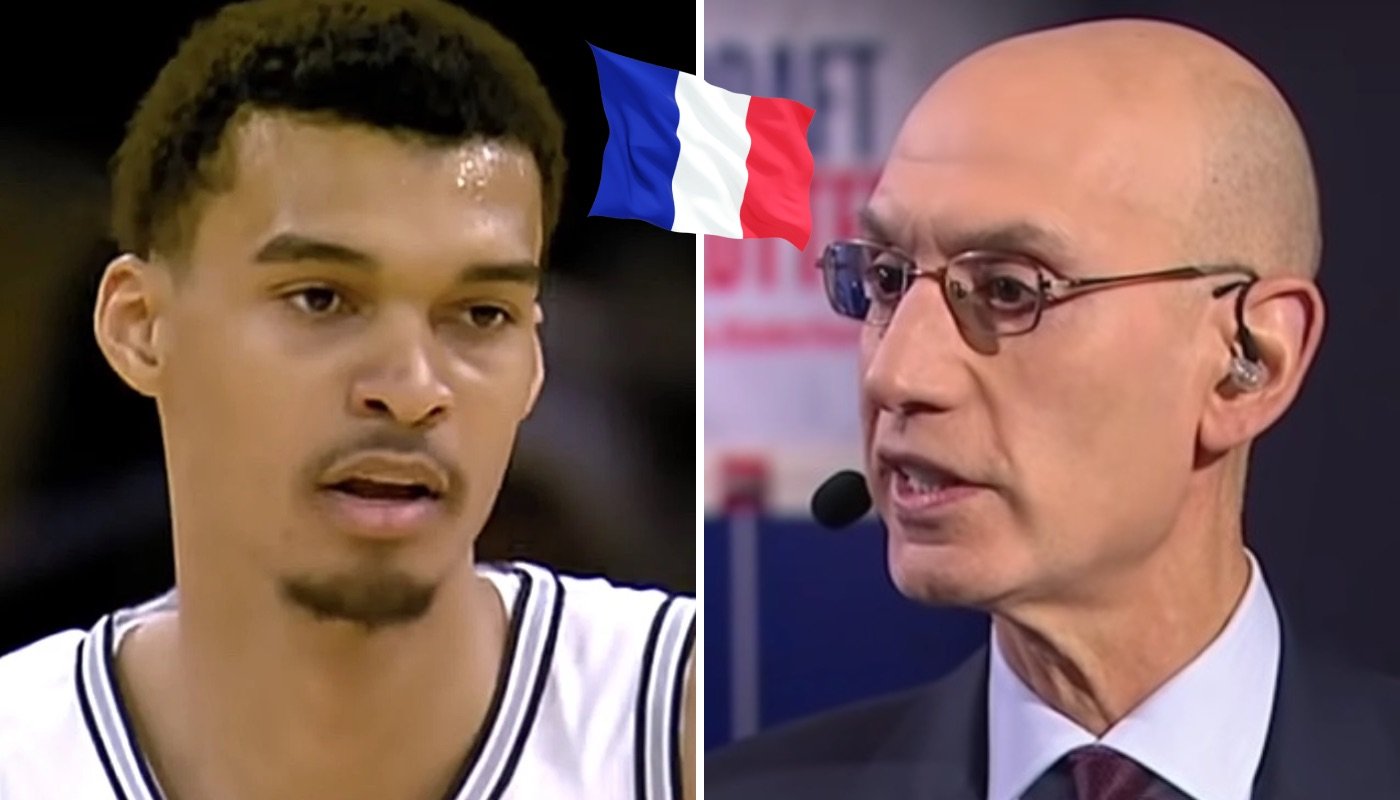 La star NBA Victor Wembanyama (gauche) et le commissioner de la ligue Adam Silver (droite), ici accompagnés du drapeau français