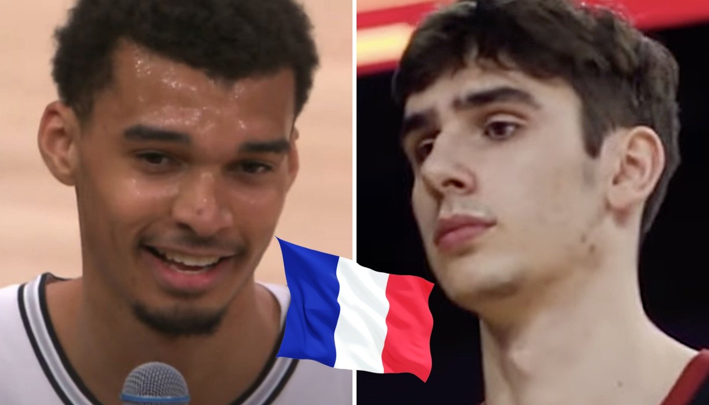 Le joueur NBA français Victor Wembanyama (gauche) et le jeune intérieur tricolore Maxime Raynaud (droite)