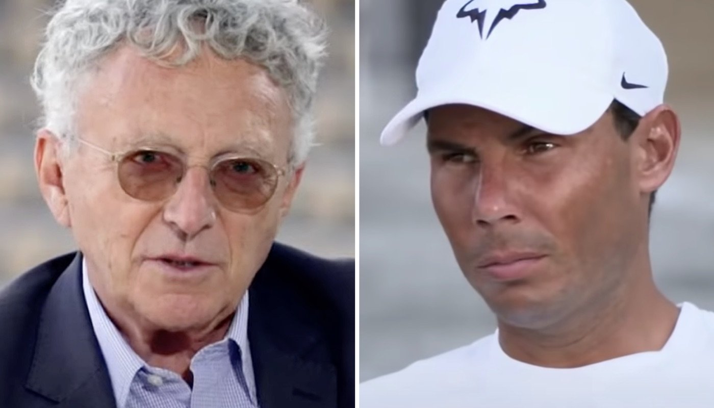 Le journaliste français Nelson Monfort (gauche) et le tennisman espagnol Rafael Nadal (droite)