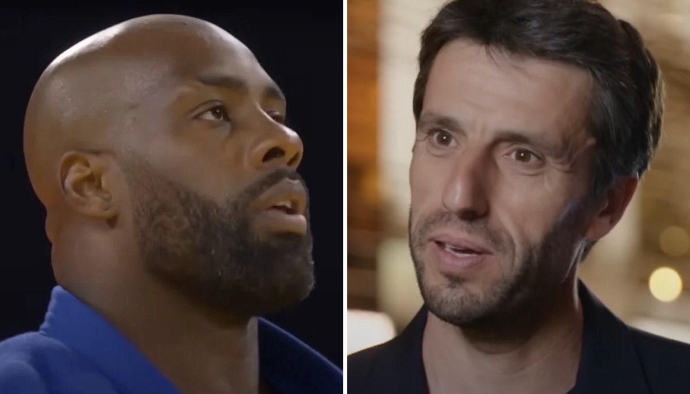 Le judoka français Teddy Riner (gauche) et le président du comité d'organisation de Paris 2024, Tony Estanguet (droite)