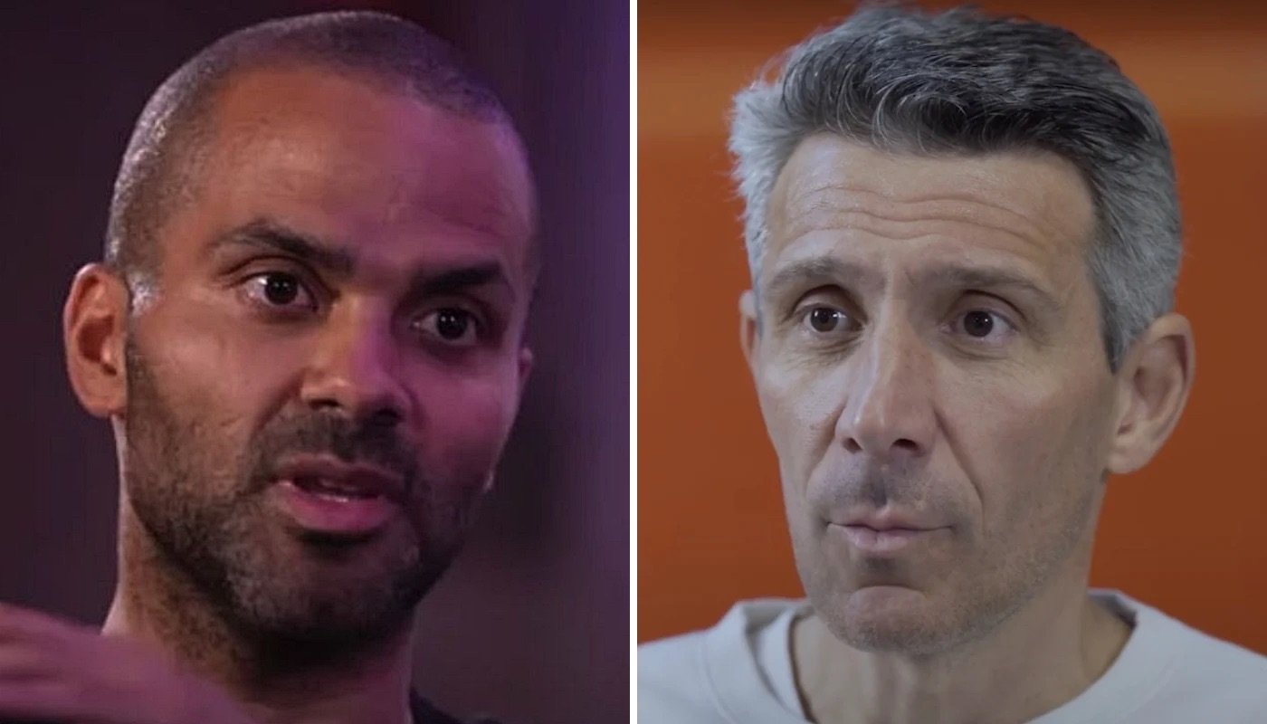 Les légendes de l'équipe de France de basket, Tony Parker (gauche) et Laurent Sciarra (droite)