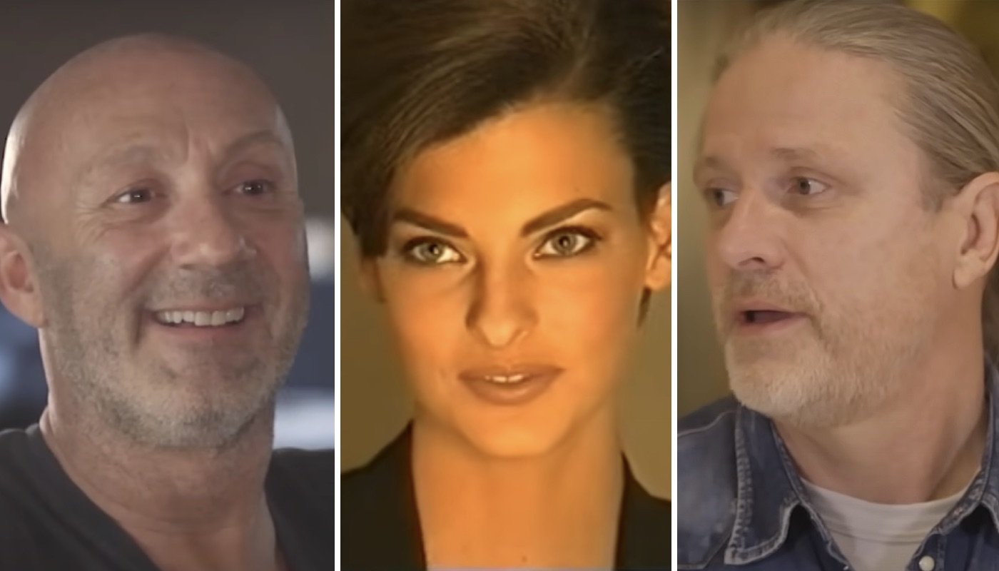 Les ex-footballeurs français Fabien Barthez (gauche) et Emmanuel Petit (droite) ainsi que la célèbre topmodel Linda Evangelista (centre)