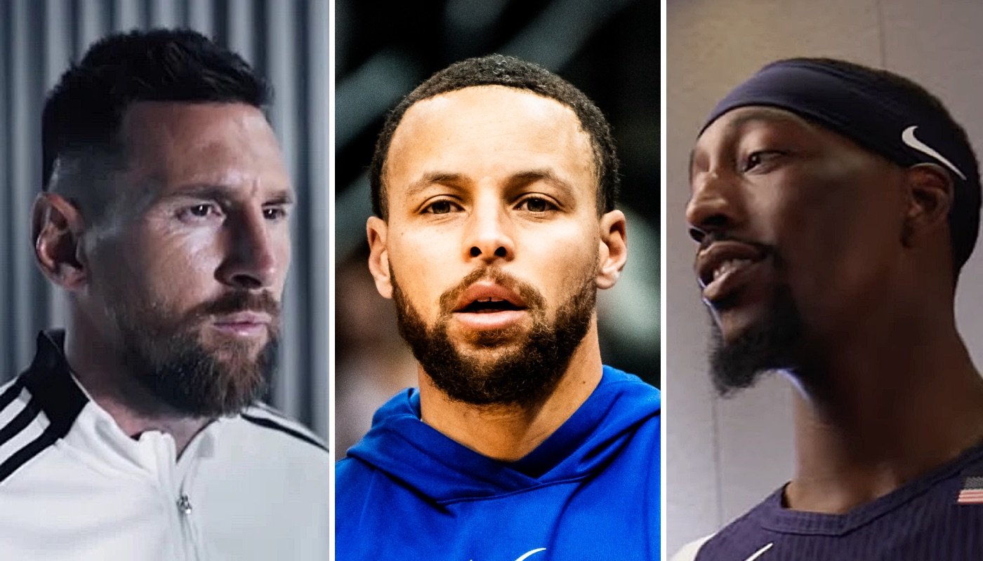 Le footballeur argentin Lionel Messi (gauche) et les stars NBA Stephen Curry (centre) et Bam Adebayo (droite)