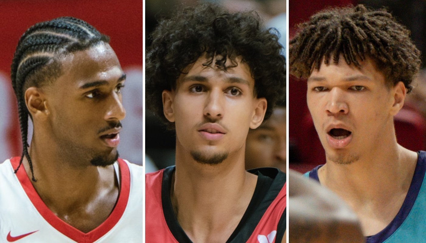 Les jeunes joueurs NBA français Alex Sarr (gauche), Zaccharie Risacher (centre) et Tidjane Salaün (droite)