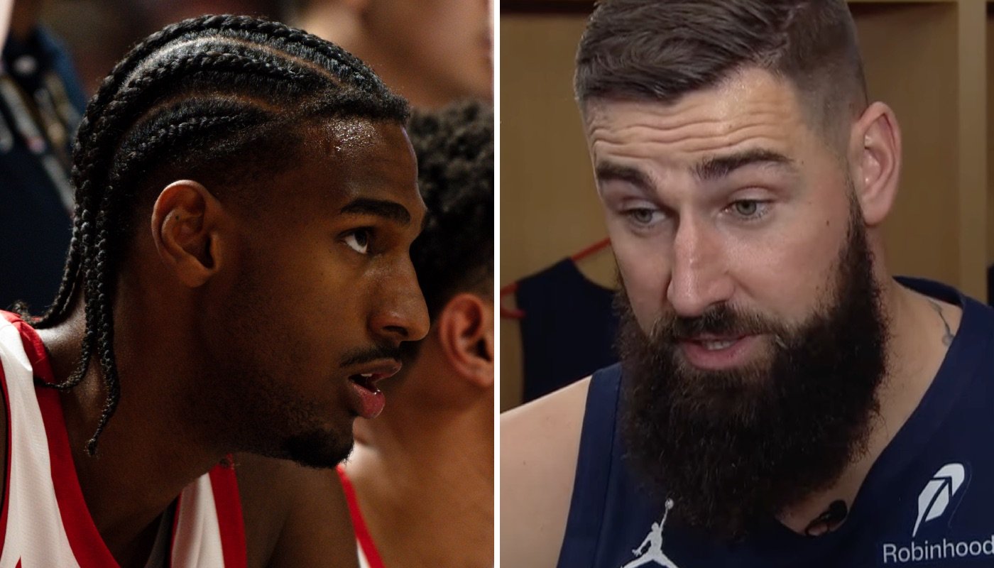 Les joueurs NBA des Washington Wizards, Alex Sarr (gauche) et Jonas Valanciunas (droite)