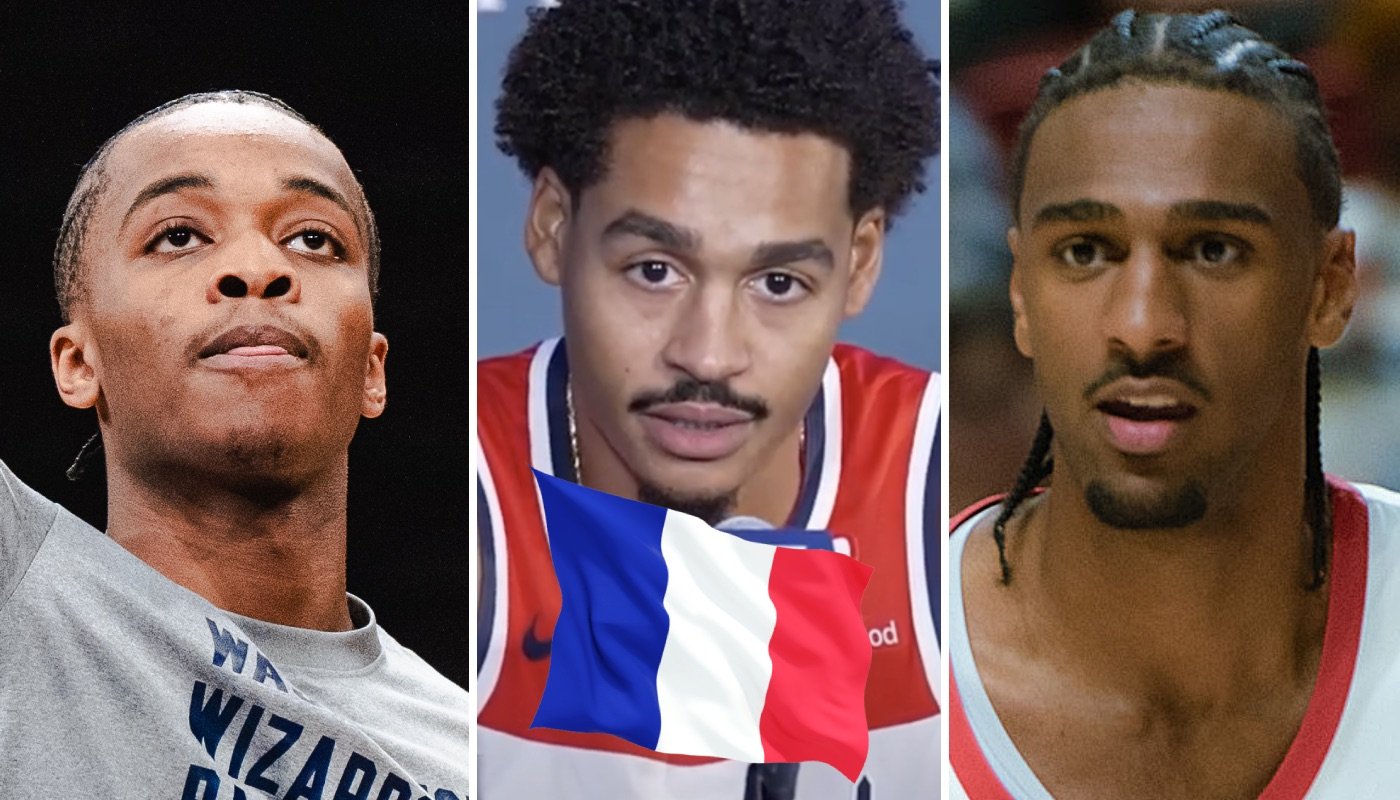 Les joueurs NBA des Washington Wizards, Bilal Coulibaly (gauche), Jordan Poole (centre) et Alexandre Sarr (droite), accompagnés du drapeau de la France