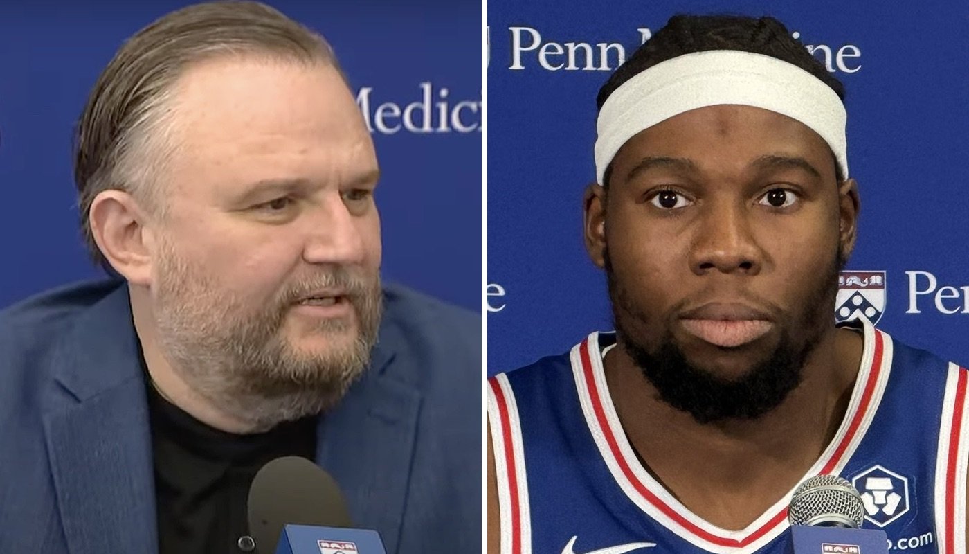 Le General Manager NBA des Philadelphia 76ers, Daryl Morey (gauche) et l'intérieur français Guerschon Yabusele (droite)