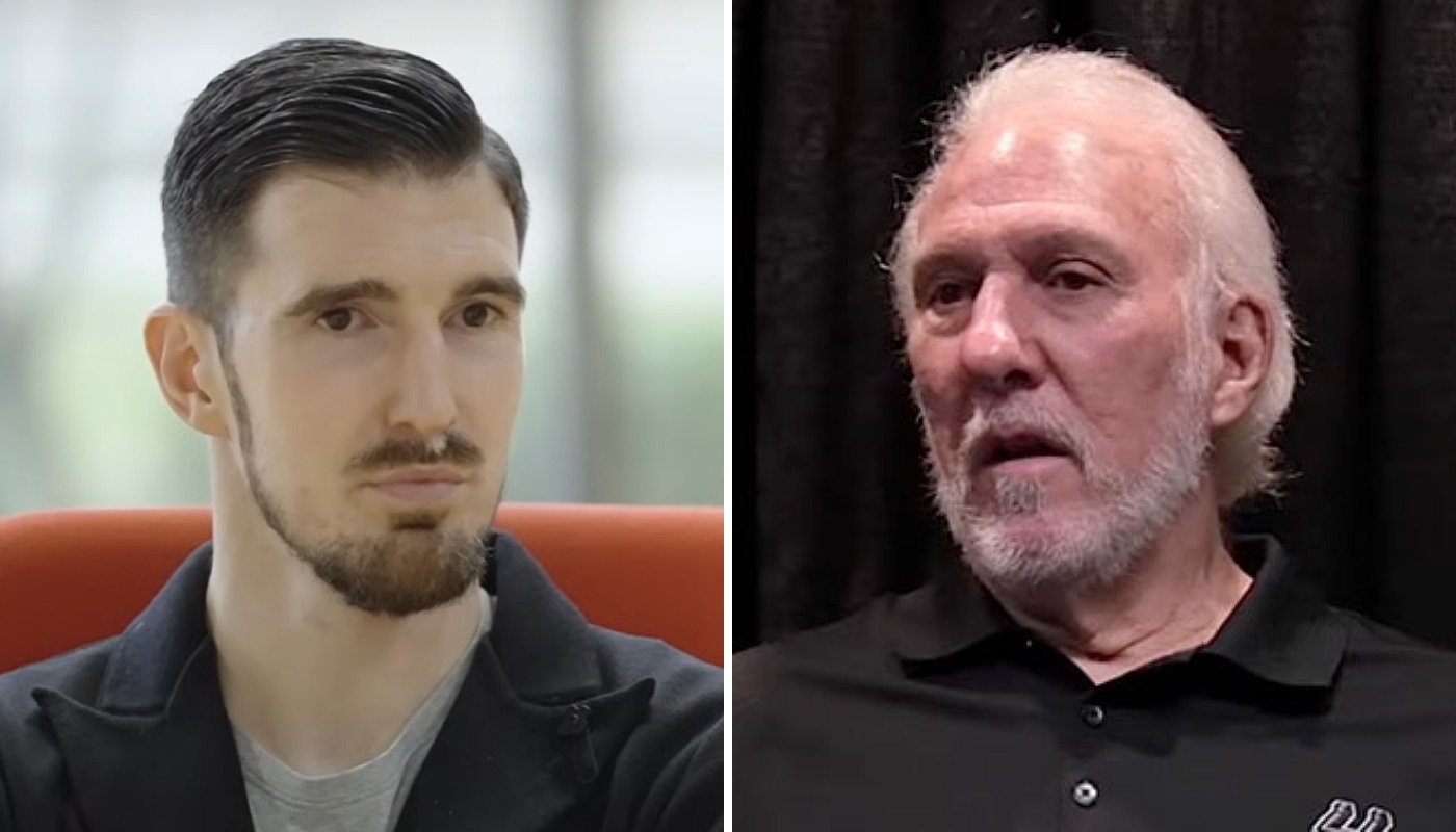 Le basketteur français Nando De Colo (gauche) et le mythique entraîneur NBA des San Antonio Spurs, Gregg Popovich (droite)