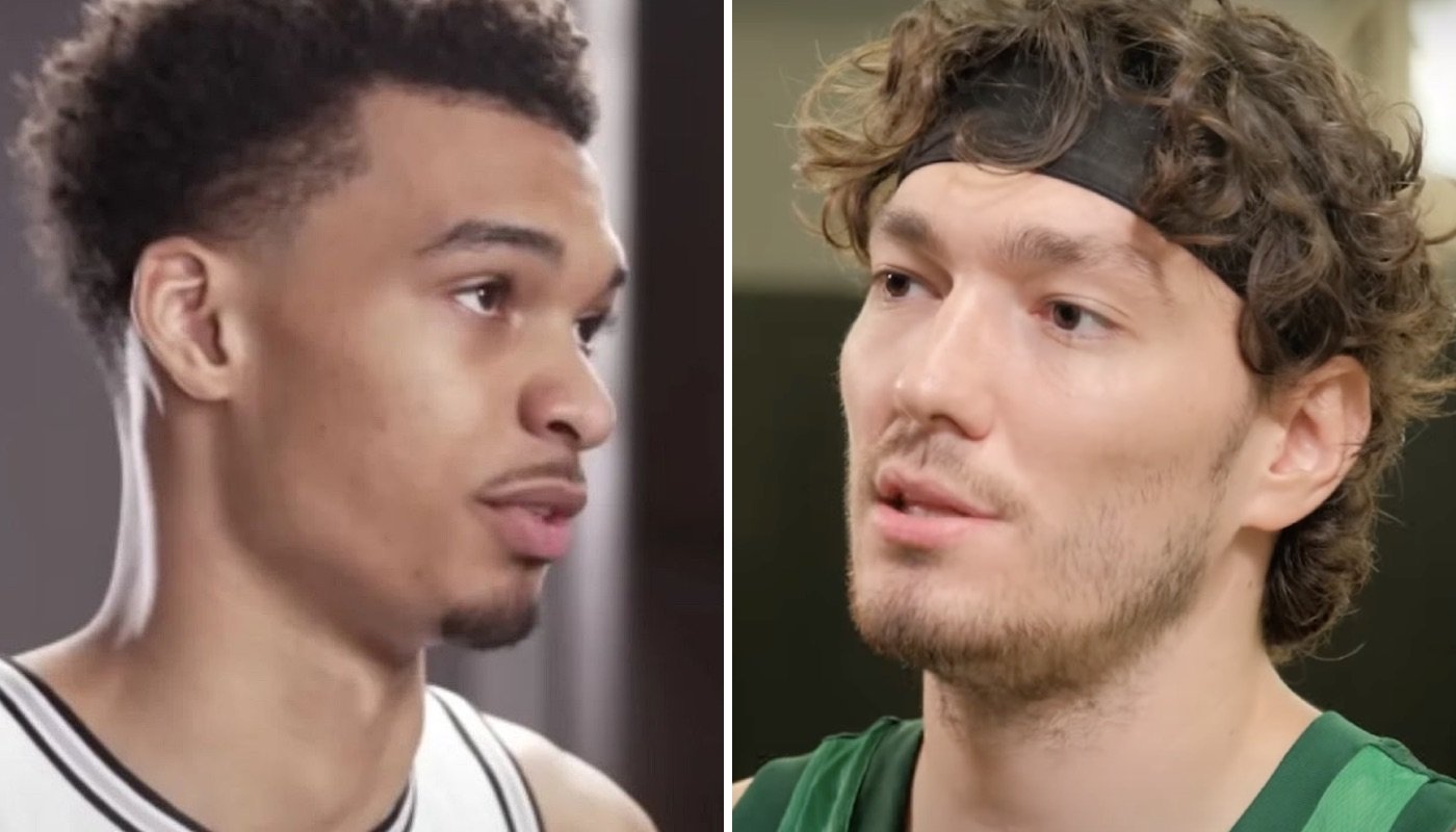 La star NBA française des San Antonio Spurs, Victor Wembanyama (gauche) et son ancien coéquipier Cedi Osman (droite)